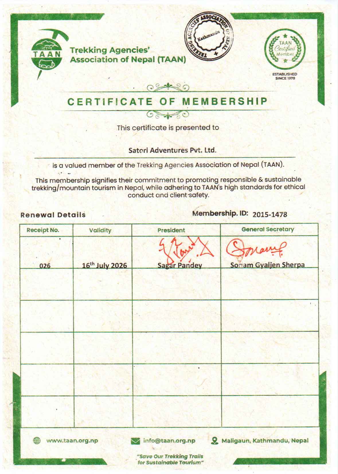 TAAN certificate
